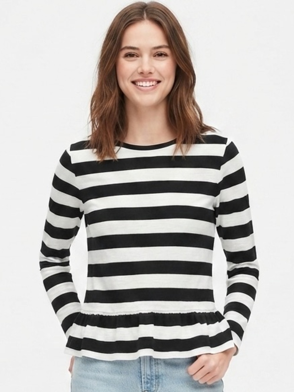 Ann Taylor LOFT Black & White Striped Long Sleeve Peplum Top Size Large